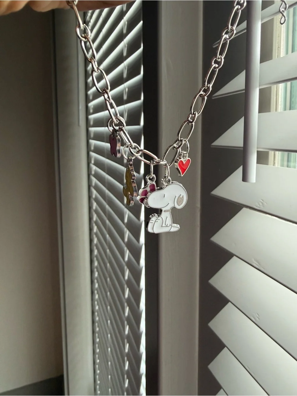 Snoopy Silver Charm Necklace with Pink & Red Accents